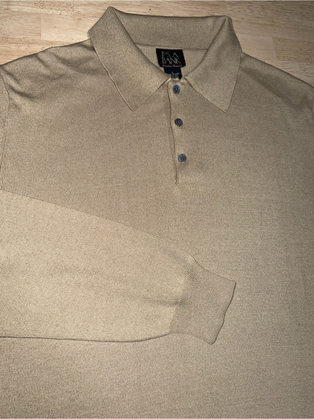 Jos A Bank Sweater Mens Large Tan 100% Silk Long Sleeve Polo Pullover Knit